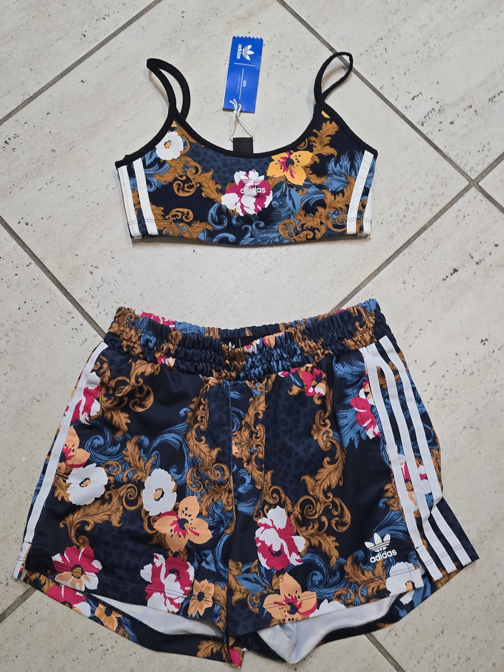 Adidas Floral Print Athletic Shorts and Crop Top Set